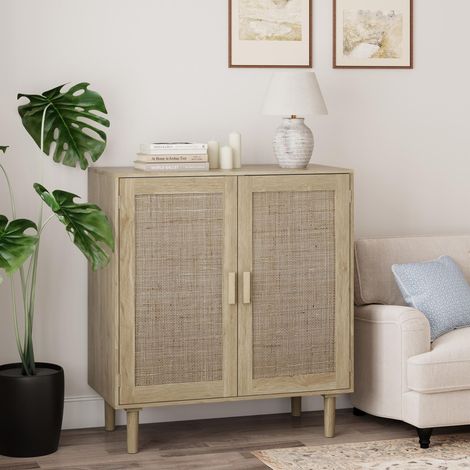 Credenza bassa in rattan, 80x40x88 cm, mobile contenitore per soggiorno, sala da pranzo e ingresso, stile boho con intreccio in rattan, 2 ante in MDF, naturale (1/5)