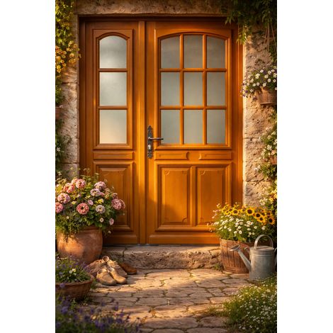 Puerta de entrada de madera con paneles en tierzas, con vidrio, color marino, altura 215 x 140 cm, con tablero lateral derecho, GD MENUISERIES