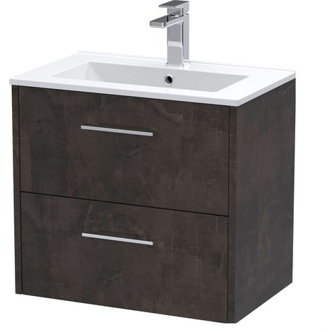 Winshill Contemporary 2 Drawer Wall Hung Vanity Unit with Minimalist Basin, Metallic Slate, 600mm