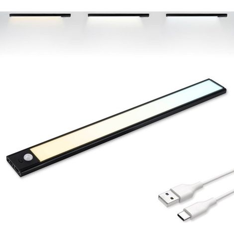 Éclairage LED pour meubles avec détecteur de mouvement, 40 cm, rechargeable USB-C, intensité réglable, fixation magnétique, 3 températures de couleur, sans fil, fonctionne sur piles, noir (1/5)