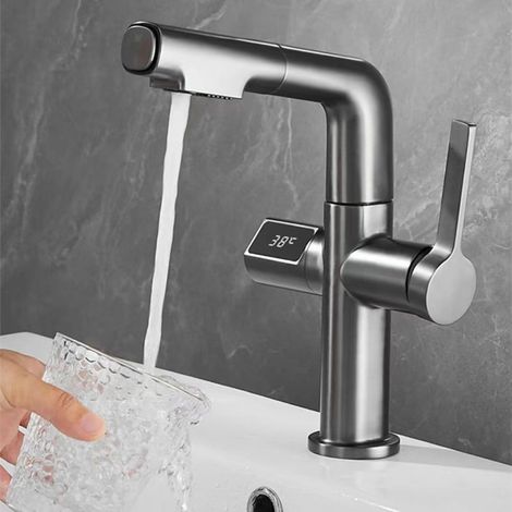 Waschtischarmatur, 360° drehbarer Badezimmer-Wasserhahn, Digitalanzeige, ausziehbarer Waschtischmischer, Badezimmer-Lift-Wasserhahn mit 2 Wasserauslass-Modi, Grau (1/5)