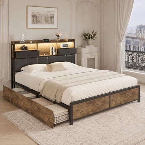 Lit double 140x200 cm avec 4 tiroirs et paniers, tête de lit avec 2 tiroirs , Station de charge USB et LED, Métal robuste, Noir et bois foncé (1/5)