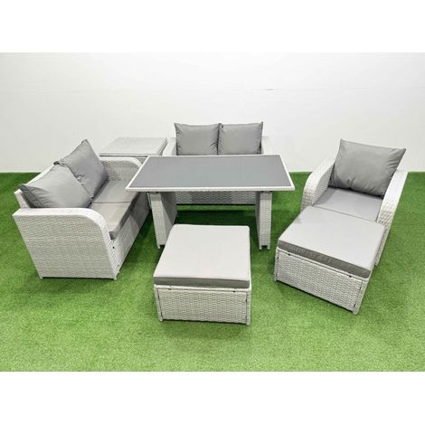 Fimous Rattan Sofa Outdoor Furniture with Dining Table,Side Table,Love Sofa,2 Big Stools Patio Furniture Light Grey 7 Seater (1/4)