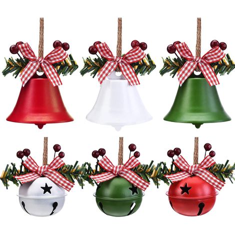 Campanas Navidad - 6 Unidades - Metal - Adornos con Bayas de Acebo y Lazos - Decoración Navideña (1/5)
