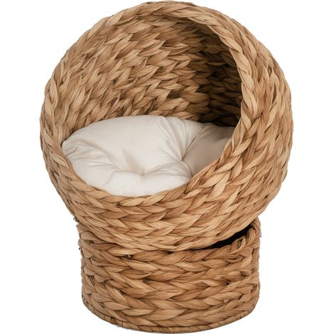 PawHut Wicker Cat House, Raised Cat Bed with Cushion Light Brown (1/5)