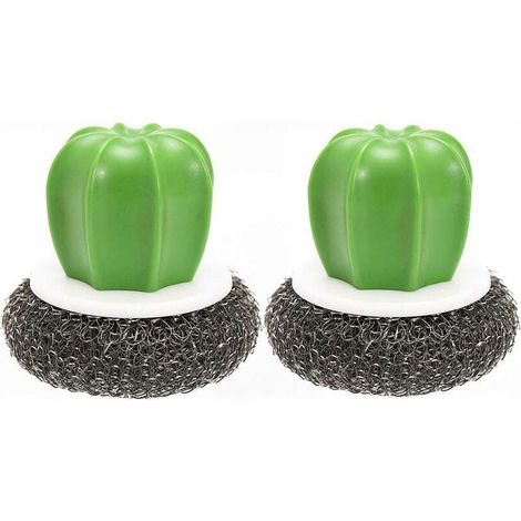 2pcs pinceaux de Cuisine en Forme de Cactus créatifs, Cactus Pot Fil éponge Boule Plat Brosse de Lavage en Acier Inoxydable récureurs Brosse de Nettoyage avec poignée en Plastique Noir (1/4)