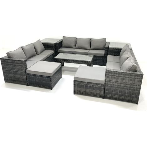 Fimous Ensemble de meubles de jardin en polyrotin 8 Pièces avec Canapé Table basse 2 Grand tabourets Table d'appoint Gris foncé mixte (1/5)
