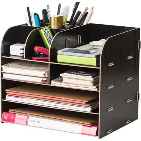 Organiseur Bureau - Bois - 32x25x27.5 cm - 4 Compartiments + Tiroir - Noir - 1 Pièce (1/4)