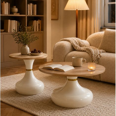 Tavolino basso set di 2 tavolini rotondi in MDF e metallo, effetto legno pietra DESVIAE (1/5)