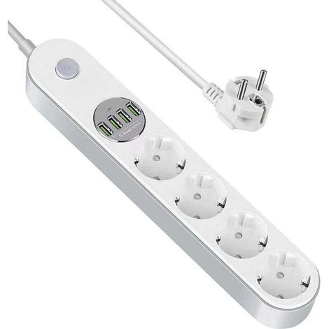 Multiprise USB Multiprise Parafoudre Parasurtenseur 4 Prises avec 4 Prises USB, Power Strip avec Interrupteur, Multi Prise Protection Contre Surcharges et Surtensions, Multiprise electrique de 2m
