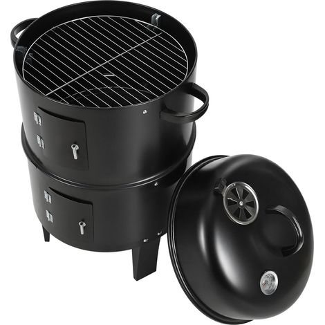 Randaco 3 en 1 Barbecue Fumoir Charbon de Bois Multifonctions BBQ avec Thermomètre, Réglage d'air, Bac à eau, 3 chambres 40 x 80 cm (1/5)