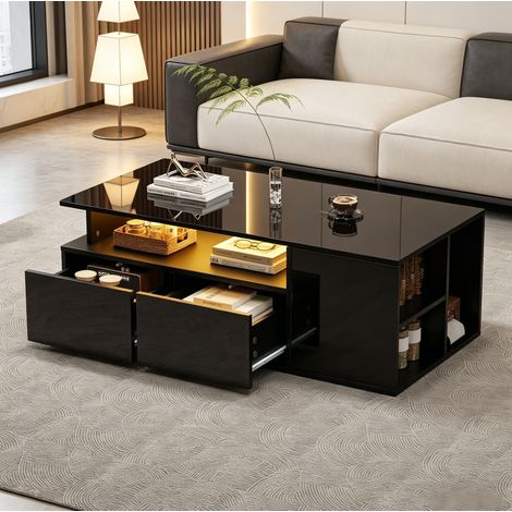 Mesa de centro de aglomerado negro brillo con LED, 100 x 50 x 35 cm, 2 cajones y 9 huecos (1/5)