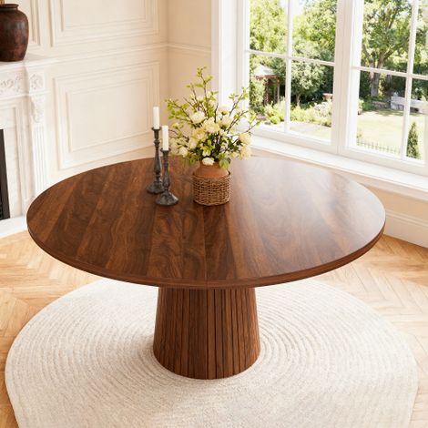 Runder Küchentisch 110 cm Landhausstil, MDF-Tischplatte mit Nussbaumfurnier aus zwei Halbkreisen, zylindrischer Sockel mit Metallinnenrahmen für Küche und Esszimmer (1/5)