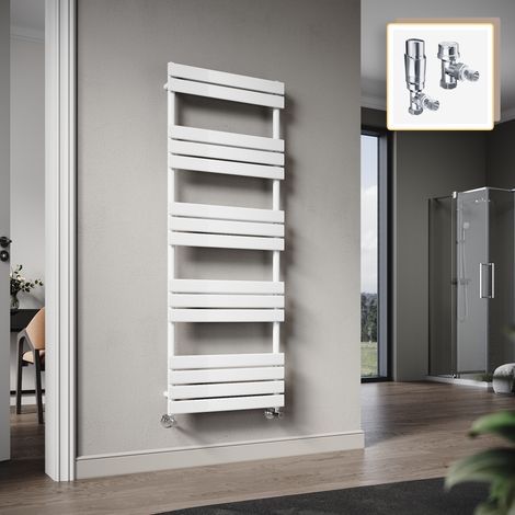 Elegant 1600 x 600mm Heated Towel Rail White Radiator, Modern Flat Panel Designer Central Heating Towel Warmers + Chrome Thermostatic Radiator Valves (1/5)