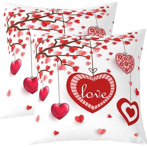 Taies d'oreiller 60x60cm Couple Romantique Taie Oreiller pour L'amant des Filles Amour Rouge Cœurs Lot De 2 Housses de Coussin Tree Housse Coussin (1/5)