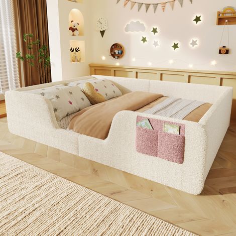 lit enfant velours 140x190 barriere amovible beige HAVRYA