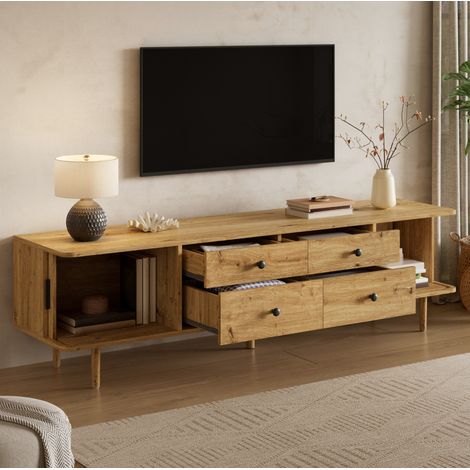 Mobile TV 165x40x46 cm, 4 cassetti, 2 ante scorrevoli, grande spazio, bordi arrotondati, MDF, legno (1/5)