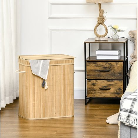 Wäschekorb aus Bambus mit Deckel, 2 Fächer, herausnehmbarer Beutel, 90 L, 54,2 x 35,2 x 59,5 cm (1/5)