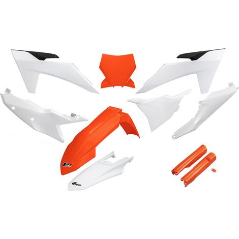 Kit complet de protections plastiques UFO avec amortisseurs télescopiques pour KTM SX 125/250/300 TBI '23-'24 et SX-F 250/350/450 '23-'24. Couleurs d'origine : orange et blanc.