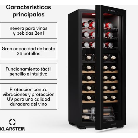 Klarstein Bovella 36 Duo+ nevera para vino  2 en 1  36 botellas  2 zonas  7 estantes  Táctil