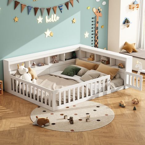 Cama nido 140x200 cm blanca con almacenamiento, barrera y USB, sin colchón - CHICFURN (1/5)