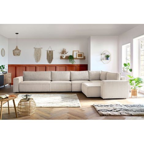BOBOCHIC - Canapé d'angle fixe modulable XL NIHAD tissu velours côtelé avec chauffeuse 2 places Angle droit Beige (1/5)