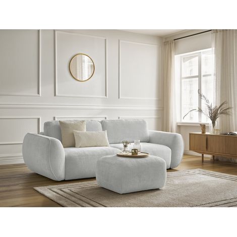 BOBOCHIC - Canapé droit convertible 3 places DENISE tissu texturé avec pouf Gris clair (1/5)
