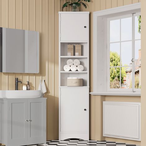 Meuble d'angle rangement salle de bain avec 3 étagères ouvertes et 2 porte Armoire de salle de bain 37 x 24,5 x 170 cm (1/5)