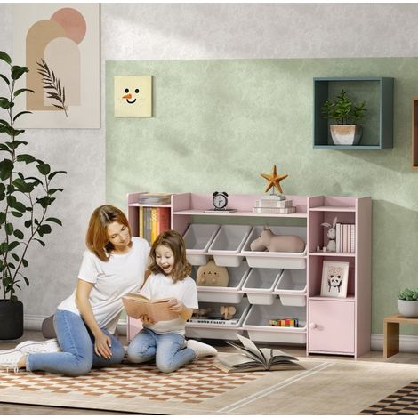 Scaffale per bambini 140x30x90 cm, libreria e porta giochi, 3 adesivi DIY, MDF, rosa (1/5)