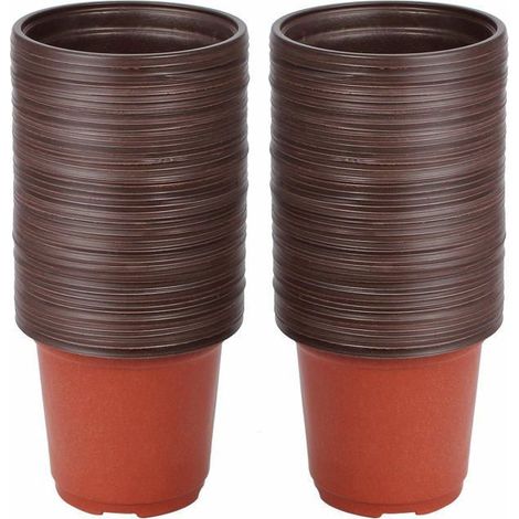 100 pots de semis plastique 10 cm x 8,7 cm - rond marron percés réutilisables (1/4)