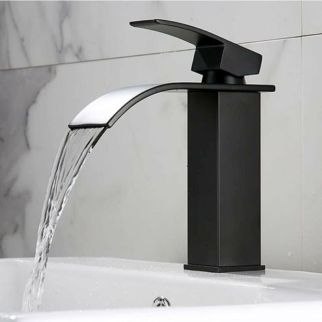 Ahlsen Schwarzer Wasserfall-Waschtischmischer Schwarzer Wasserfall-Waschtischmischer mit hohem Auslauf Schwarzer Badezimmer-Wasserhahn Wasserfall Schwarzer Badezimmer-Mischbatterie aus Edelstahl, 1,3 
