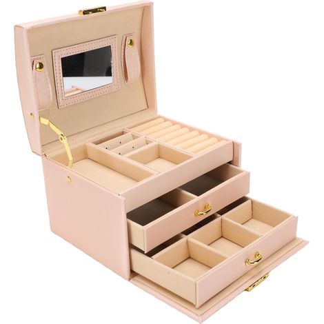 Large jewelry box, multi-layer PU leather organizer with mirror and key, large capacity storage case for necklaces, rings, earrings, women's watches (1/5)