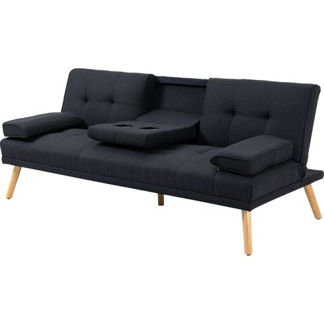 Canapé-lit convertible noir, lit d'appoint avec dossier réglable, table pliante intégrée, 181 x 77 x 78 cm