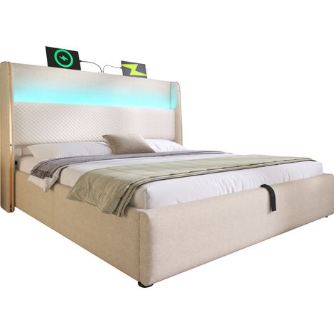 GagaLit hydraulique moderne avec tête de lit haute, 140x200 cm, éclairage LED, rangement et ports USB/Type-C, aspect lin beige, matelas inclus (1/5)