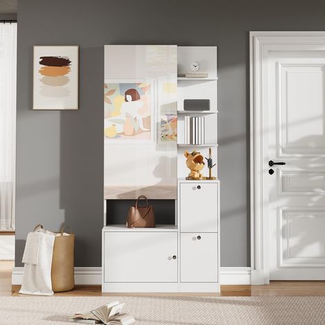 Armoire de 85 x 40 x 180 cm avec miroir et étagère à chaussures, meuble d'entrée, porte-manteau, armoire de rangement à deux portes, vitrine à 5 étagères, blanche