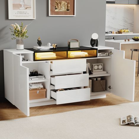Buffet 140x40x68 cm design laqué LED intégré panneau de particules blanc et noir