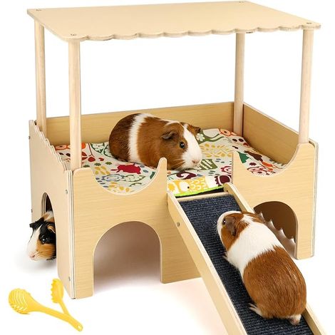Grande maison XXL pour lapin, rongeur, hamster, 38 x 35 x 25 cm, accessoires pour cochons d'Inde, avec rampe, 3 entrées, pour hamster, hérisson, cochon d'Inde (1/3)