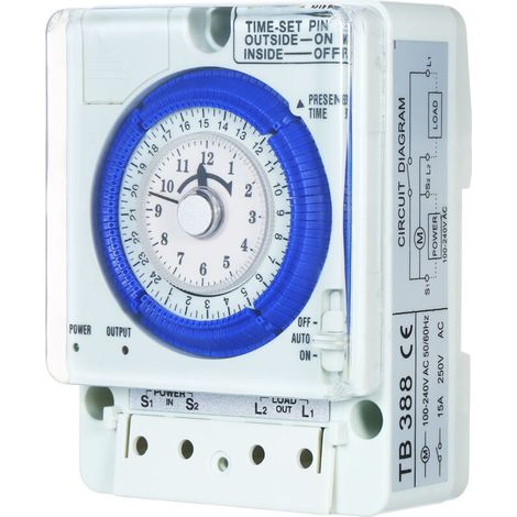 Minuteur mécanique 24 heures avec pile, intervalles de 15 minutes, boutons-poussoirs, fonctionnement sans coupure de courant, 100-240 V, 15 A, montage sur rail DIN, idéal pour éclairage LED/CFL. (1/5)