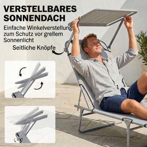 Transat de jardin pliable avec pare-soleil, chaise longue bien-être et plage, dimensions 187 x 58 x 36 cm, gris (1/5)