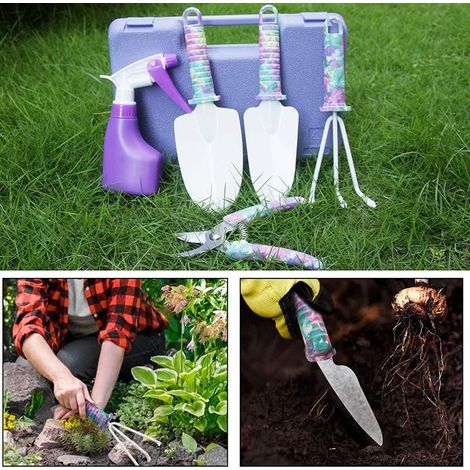 Set di 5 attrezzi da giardinaggio con motivi floreali e manici ergonomici, composto da pala, rastrello, diserbante, potatore e spruzzatore. (1/4)