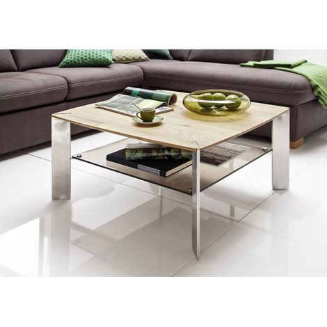 Table basse en chêne massif et verre - L80 x H41 x P80 cm -PEGANE- (1/4)