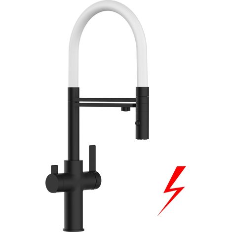 NIEDERDRUCK 3 Wege Wasserhahn Küchenarmatur Spültischmischer, Schwarz Matt mit 360° schwenkbarem Auslauf, abnehmbare 2 strahl Handbrause, Flex-Schlauch oben in Weiss - VZFC Linie (1/5)