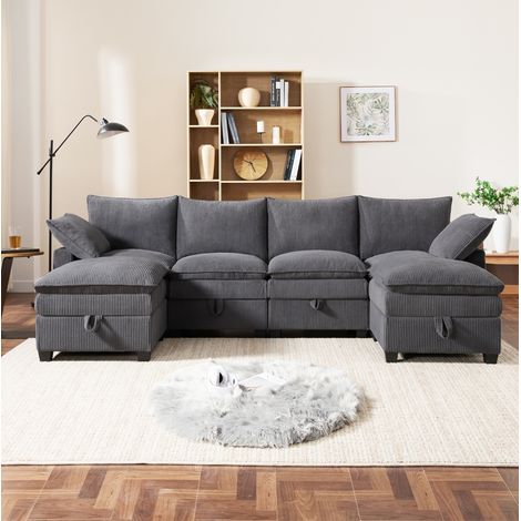 Sofá esquinero modular con puf, USB, almacenamiento y portavasos 280 x 152 x 83 cm gris DESVIAE (1/5)