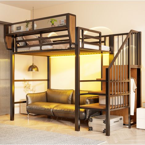 CHICFURN Lit mezzanine 90x200 avec LED, échelle de sécurité et rangement modulable, lit en métal noir gain de place pour chambre, studio ou dortoir (1/5)