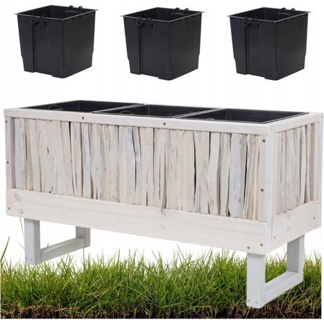Grande fioriera in pino e nocciolo con 3 inserti in plastica per giardino e balcone, 95x36x54 cm (1/4)