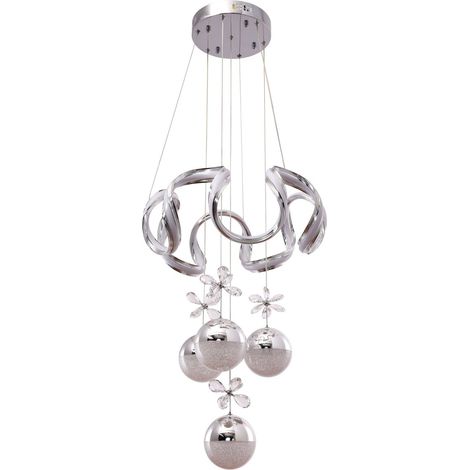 Suspension LED Dimmable avec Télécommande Design Anneaux Chromés et Fleurs 50 cm - PANGIVO