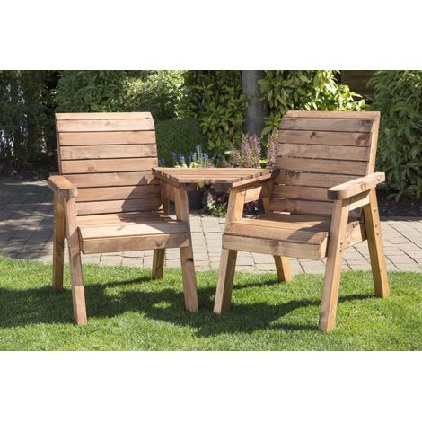 Charles Taylor Hand Made 2 Seater Chunky Rustic Wooden Garden Furniture Love Seat with Tray Assembled (1/5)