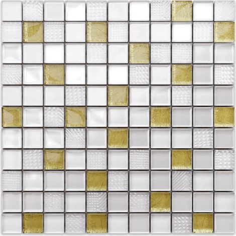Ilcom mosaico in vetro su rete per bagno e cucina  30cm x 30cm - Crushed white gold (1/3)