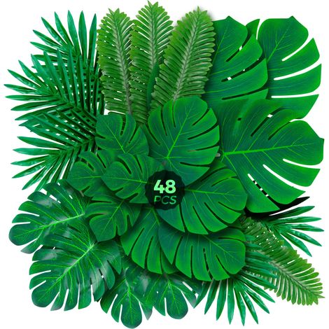 48 feuilles de palmier artificielles Monstera tropicales,6 types de feuilles de palmier artificielles Monstera tropicales pour une fête hawaïenne Luau (1/5)