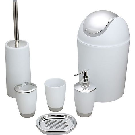 Design Moderne 6 PièCes Ensemble D'Accessoires De Salle De Bain Bouteilles De Lotion, Porte-Brosse à Dents, Tasse à Dents, Porte-Savon, Brosse De Toilette, Poubelle,Blanc